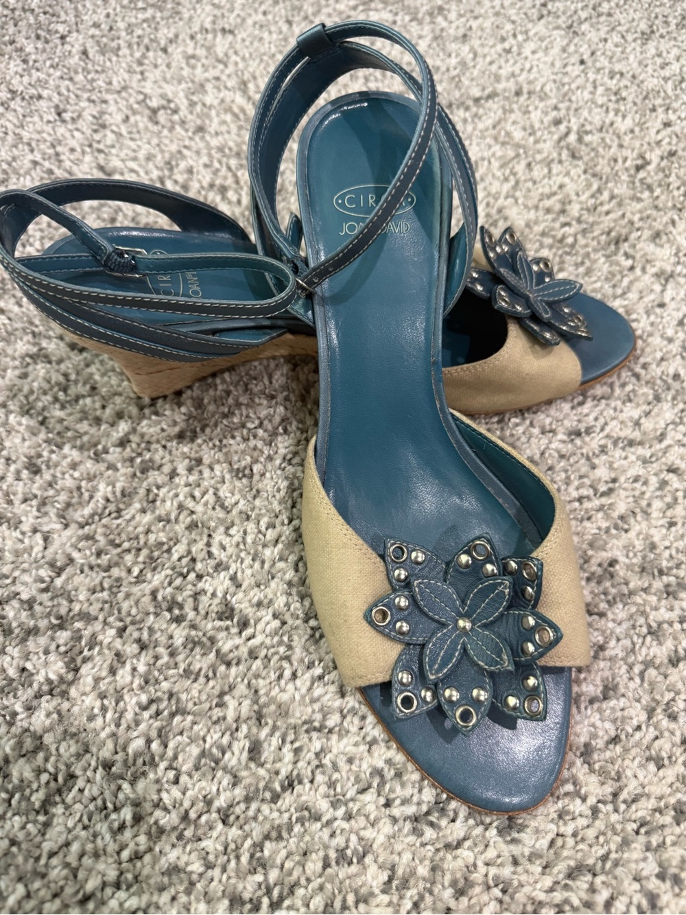 Joan & David Teal and Beige Floral Wedge Sandals